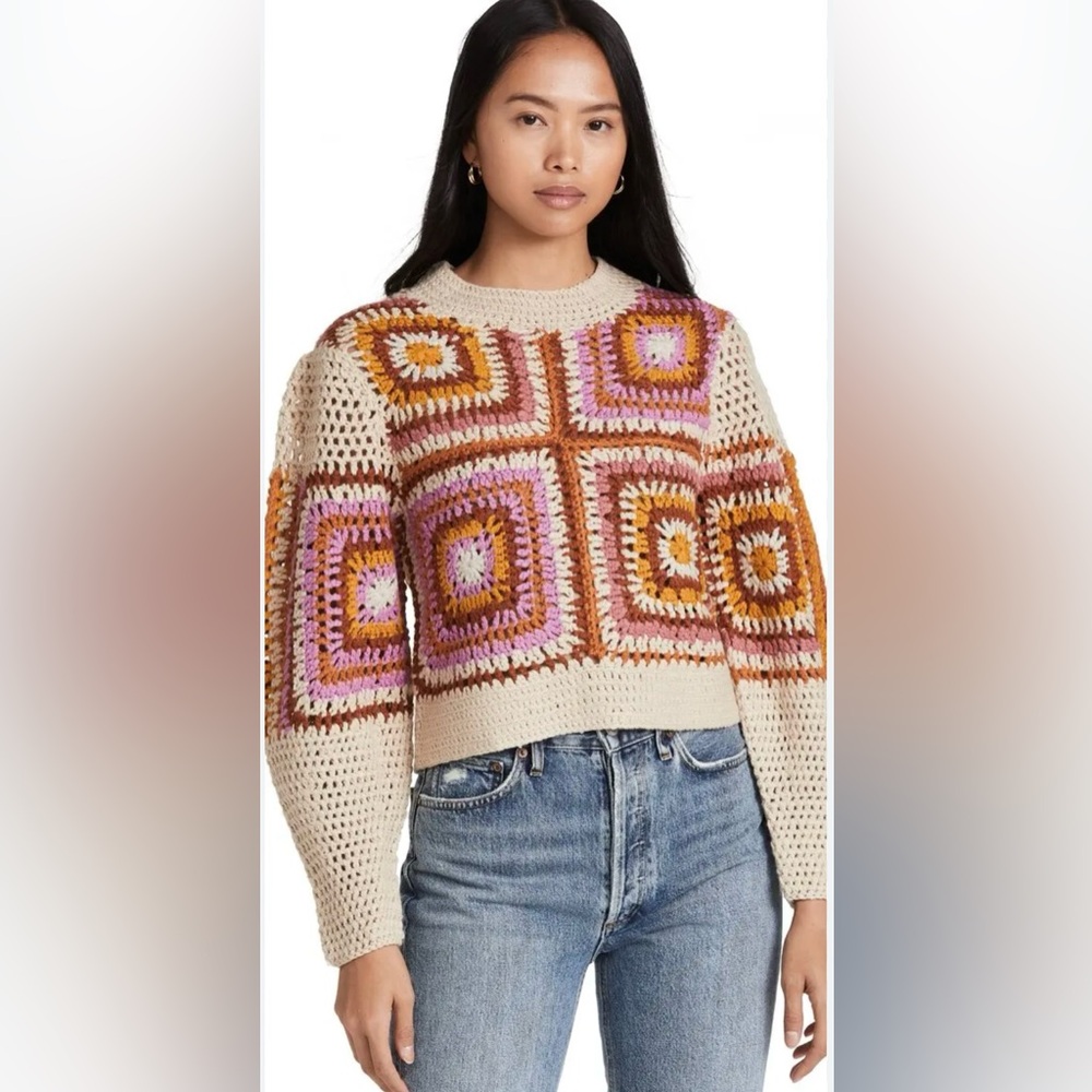 Moon River Crochet Sweater - Orange Multi - Size Small